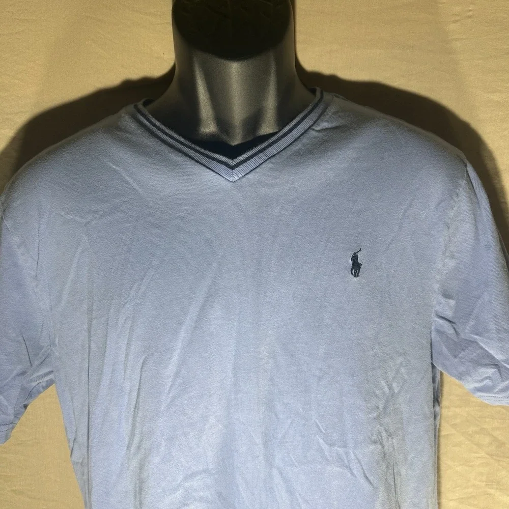 Polo Ralph Lauren V-Neck T-Shirt Light Blue Medium Striped Collar